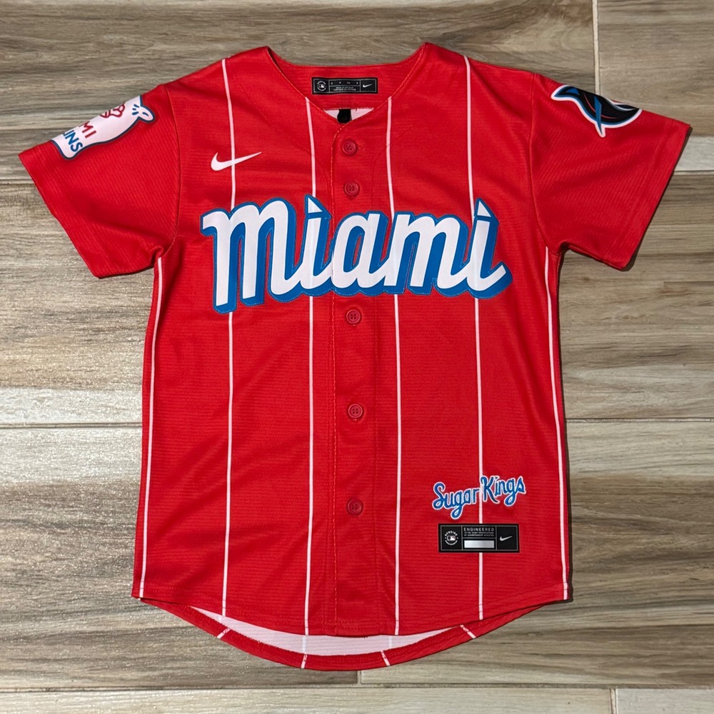 Nike Miami Marlins City Connect Sugar Kings Jersey Red Pinstripe Kids Small S